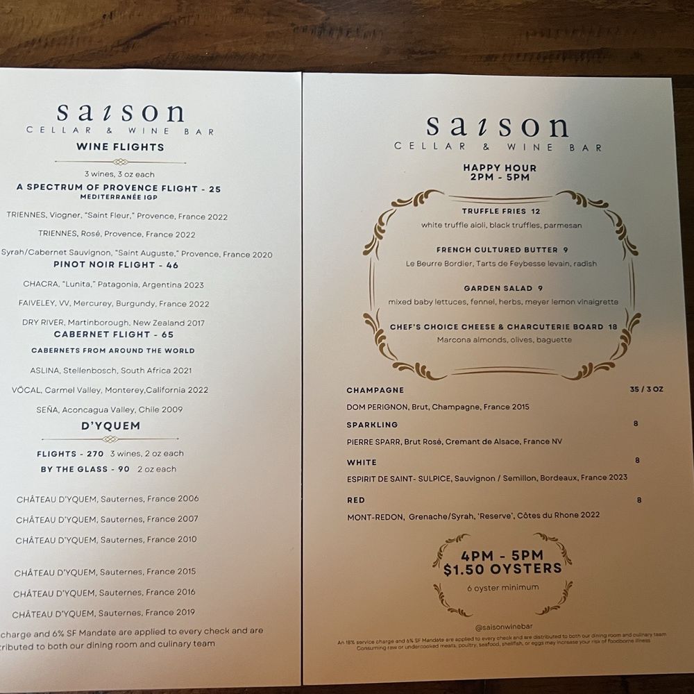 Saison - Part of the wine flight menu and HH menu - Wine Bars Near Me - San Francisco, California Saison - Part of the wine flight menu and HH menu - Wine Bars Near Me - San Francisco, California
