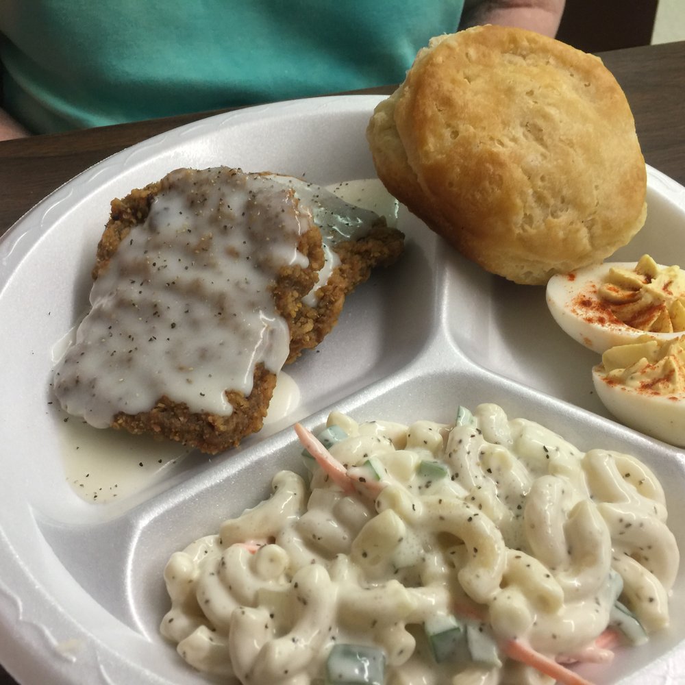 Country Fried Steak, Mac Salad, Deviled Eggs, Biscuit - only the biscuit was good. Country Fried Steak, Mac Salad, Deviled Eggs, Biscuit - only the biscuit was good.