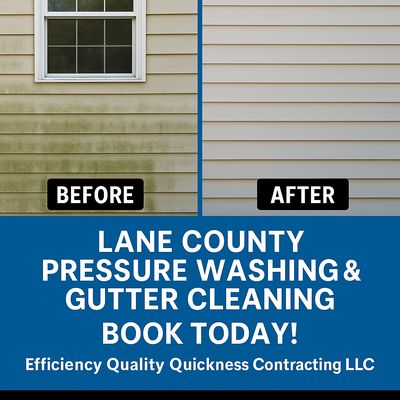 Transparent Pricing - 541-221-0780 - Residential Pressure Washing & Gutter Cleaning Packages
EQQC offers tiered service packages designed to meet varying customer needs and property sizes:
1-Story Property Packages
House Only Package: $200
House + Gutters Package: $250
House + Driveway/Sidewalk + Gutters Package: $300
2-Story Property Packages
House Only Package: $300
House + Gutters Package: $350
House + Driveway/Sidewalk + Gutters Package: $400
Service Territory:
EQQC proudly serves Lane County, Oregon, providing local homeowners with reliable and professional exterior cleaning services.
Pricing Philosophy:
The company maintains transparent pricing while acknowledging that costs may vary based on specific project factors including property accessibility, house size, and unique project requirements. All services are completed with EQQC's commitment to efficiency, quality, and quickness.
Contact Information
Phone/Text: (541) 221-0780
Email: eqqcllc1@gmail.com
Free quotes are available for all potential customers, allowing homeowners to make informed decisions about their exterior cleaning needs.
EQQC differentiates itself in the market through its three-pillar approach of Efficiency, Quality, and Quickness, ensuring customers receive professional results in a timely manner without compromising on service standards. Transparent Pricing - 541-221-0780 - Residential Pressure Washing & Gutter Cleaning Packages
EQQC offers tiered service packages designed to meet varying customer needs and property sizes:
1-Story Property Packages
House Only Package: $200
House + Gutters Package: $250
House + Driveway/Sidewalk + Gutters Package: $300
2-Story Property Packages
House Only Package: $300
House + Gutters Package: $350
House + Driveway/Sidewalk + Gutters Package: $400
Service Territory:
EQQC proudly serves Lane County, Oregon, providing local homeowners with reliable and professional exterior cleaning services.
Pricing Philosophy:
The company maintains transparent pricing while acknowledging that costs may vary based on specific project factors including property accessibility, house size, and unique project requirements. All services are completed with EQQC's commitment to efficiency, quality, and quickness.
Contact Information
Phone/Text: (541) 221-0780
Email: eqqcllc1@gmail.com
Free quotes are available for all potential customers, allowing homeowners to make informed decisions about their exterior cleaning needs.
EQQC differentiates itself in the market through its three-pillar approach of Efficiency, Quality, and Quickness, ensuring customers receive professional results in a timely manner without compromising on service standards.