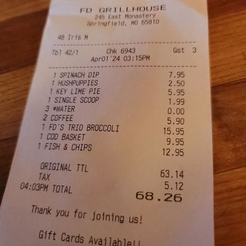 FD's Grillhouse - Receipt - American Near Me - Springfield, Missouri FD's Grillhouse - Receipt - American Near Me - Springfield, Missouri