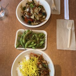 Noodle bowl, rice bowl and spicy edamame. Noodle bowl, rice bowl and spicy edamame.