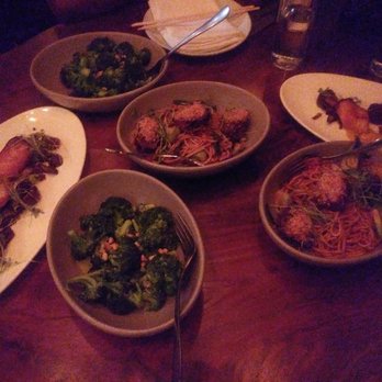Sampan - Tapas-style serving. Far left: Chilean Sea Bass; Top and bottom, Broccoli with pine nuts; Middle and Right, Lo-mein with beef - Asian Fusion Near Me - Philadelphia, Pennsylvania Sampan - Tapas-style serving. Far left: Chilean Sea Bass; Top and bottom, Broccoli with pine nuts; Middle and Right, Lo-mein with beef - Asian Fusion Near Me - Philadelphia, Pennsylvania