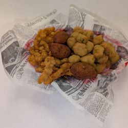 Seaside Galley - Clamstrip Basket with hushpuppies and fried okra