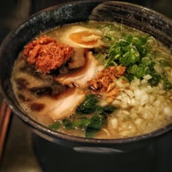 Goemon Ramen Bar - The Tokyo Tonkotsu. Pork broth, pork chashu, seasoned egg, spring onion, onion, black garlic oil, fried onion.