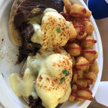 Button Up Cafe - Korean braised short ribs egg Benedict with crispy tater tots. Super delicious! - Breakfast & Brunch Near Me - Pearl City, Hawaii