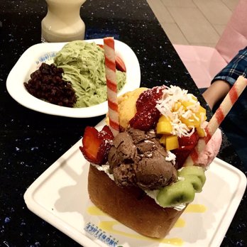 Snowflake Tea House - Summer Brick Toast, matcha snow with toppings, and pineapple smoothie - brick toast was underwhelming. - Desserts Near Me - Duluth, Georgia