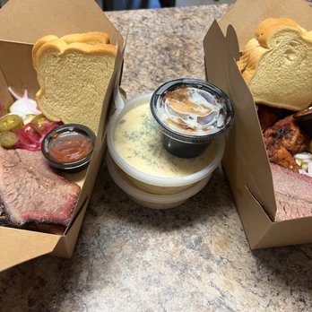 Rosemeyer Bar-B-Q - 1/2 brisket on the left. Big boy box on the right, with no sausage link! - Barbeque Near Me - Spring, Texas Rosemeyer Bar-B-Q - 1/2 brisket on the left. Big boy box on the right, with no sausage link! - Barbeque Near Me - Spring, Texas