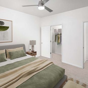 Camden Spring Creek Apartments - Modern style bedroom with plush carpet and ceiling fan at Camden Spring Creek Apartments in Spring, Tx - Apartments Near Me - Spring, Texas Camden Spring Creek Apartments - Modern style bedroom with plush carpet and ceiling fan at Camden Spring Creek Apartments in Spring, Tx - Apartments Near Me - Spring, Texas