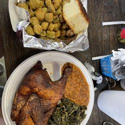 Scruggs BBQ - Half chicken plate with greens, baked beans, fried okra, and cornbread