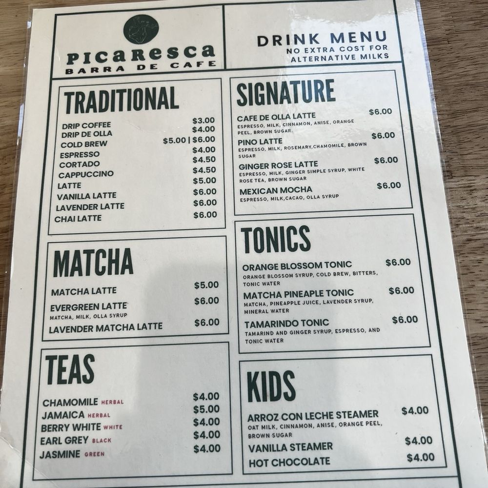 Picaresca Barra De Cafe - Drink menu - Coffee & Tea Near Me - Los Angeles, California Picaresca Barra De Cafe - Drink menu - Coffee & Tea Near Me - Los Angeles, California