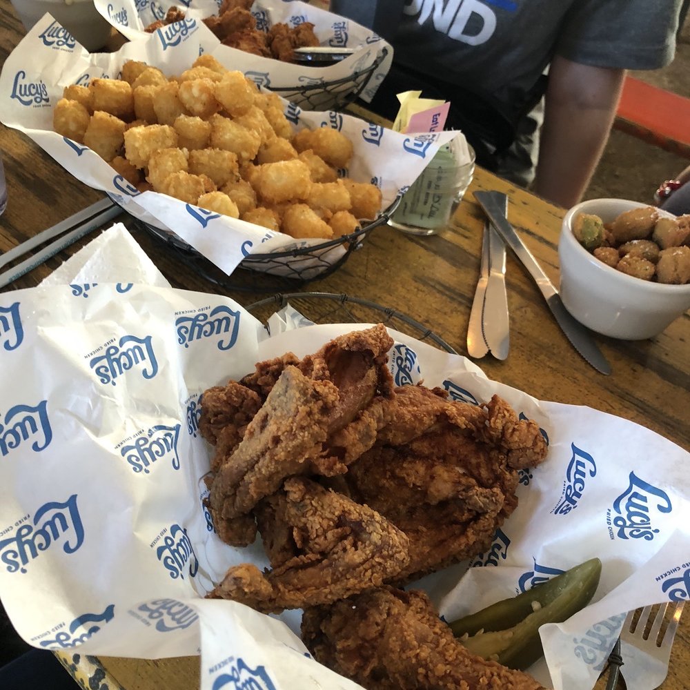 Lucy's Fried Chicken - 4 piece chicken dinner with tater tots - New American Near Me - Austin, Texas Lucy's Fried Chicken - 4 piece chicken dinner with tater tots - New American Near Me - Austin, Texas