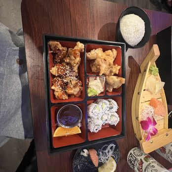 Matsuyama - Sesame chicken  Spicy garlic chicken w/side of sauce  California roll Sashimi  (salmon)  Ginger (side) Wasabi (side) Hot tea - Japanese Near Me - Novato, California