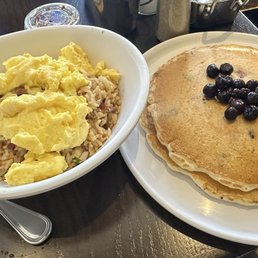 Breakfast fried rice, blueberry pancakes