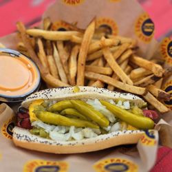 Fatso's Last Stand - Char dog, depression style, fries, side of Merkts cheddar sauce.