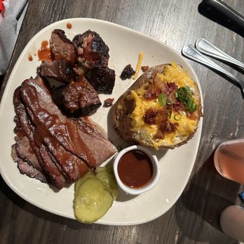 Jack Stack Barbecue - Freight House - Two meat, burnt ends and brisket with a baked potatoe - Barbeque Near Me - Kansas City, Missouri Jack Stack Barbecue - Freight House - Two meat, burnt ends and brisket with a baked potatoe - Barbeque Near Me - Kansas City, Missouri