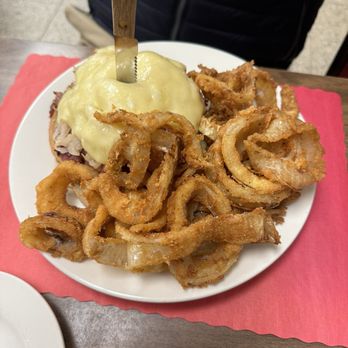Hobby's Delicatessen & Restaurant - Reuben with Onion Rings - Delis Near Me - Newark, New Jersey Hobby's Delicatessen & Restaurant - Reuben with Onion Rings - Delis Near Me - Newark, New Jersey