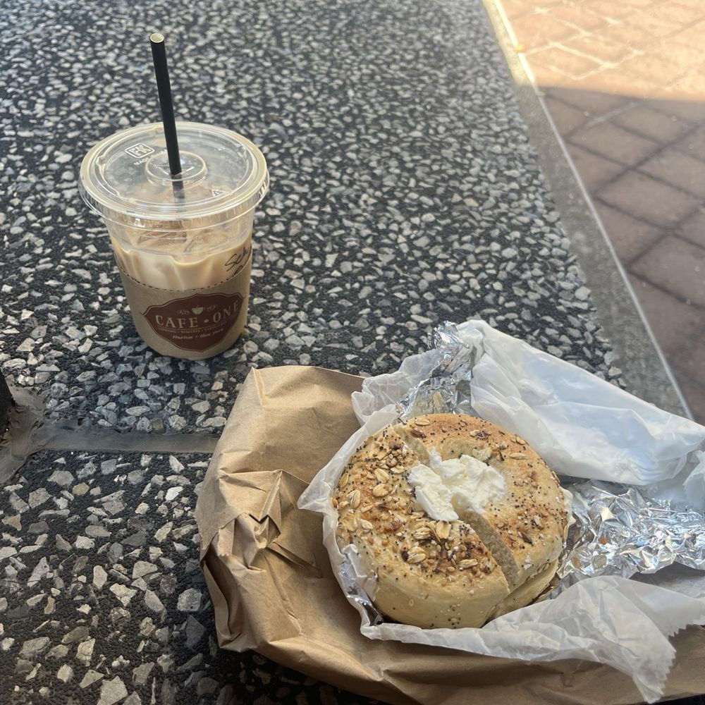 Cafe One - Iced Spiced Chai, everything bagel with cream cheese - Coffee & Tea Near Me - New York, New York Cafe One - Iced Spiced Chai, everything bagel with cream cheese - Coffee & Tea Near Me - New York, New York