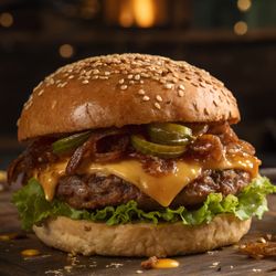 Hi-Five Hot Dogs & Stuff - Oklahoma Burger has Caramelized onions, Hi-Five Sauce, American Cheese, & Homemade Dill Pickles on 1/4 LB All Wagyu or American Beef Burger!