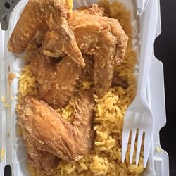 Sunrise Restaurant - Wings and fried rice with a large egg drop soup. I ordered plain fried rice just in case you're looking for more-you can order more flavors.