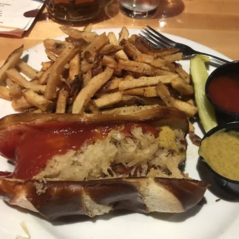 Penn Brewery - Sausage on pretzel roll - German Near Me - Pittsburgh, Pennsylvania Penn Brewery - Sausage on pretzel roll - German Near Me - Pittsburgh, Pennsylvania
