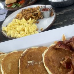 Pancakes, eggs , bacon, breakfast potatoes Pancakes, eggs , bacon, breakfast potatoes
