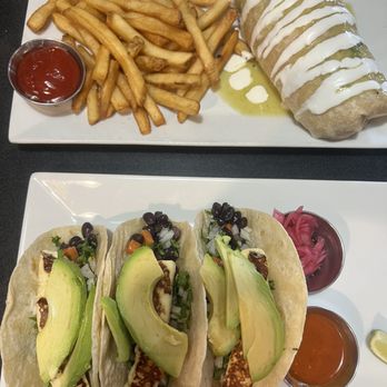 Mayas Latin Kitchen - Veggie Tacos & Chilaquiles Burrito w fries - Tacos Near Me - Sandston, Virginia