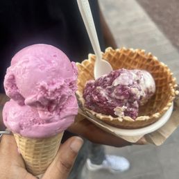 Bubble gum & bramble crisp in a waffle cone Bubble gum & bramble crisp in a waffle cone