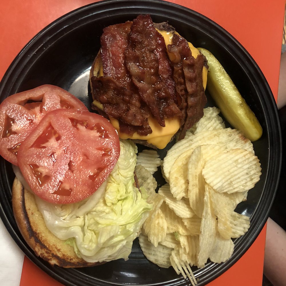 Portage Cafe - Bacon cheeseburger, pickle, and chips. - Breakfast & Brunch Near Me - Portage, Wisconsin Portage Cafe - Bacon cheeseburger, pickle, and chips. - Breakfast & Brunch Near Me - Portage, Wisconsin