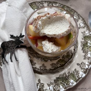 The Rose and Thistle - Breakfast, first course -- fruit and home made whipped cream! - Bed & Breakfast Near Me - Cooperstown, New York The Rose and Thistle - Breakfast, first course -- fruit and home made whipped cream! - Bed & Breakfast Near Me - Cooperstown, New York