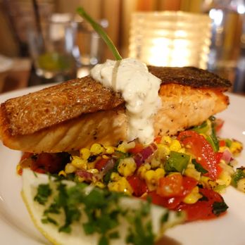 Pera Soho - The Seared Greek Salmon stole my heart, I loved the creaminess from the sauce combined with the crunchy corn salad. Perfection! - Mediterranean Near Me - New York, New York