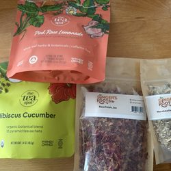 Ginger's Roots - Teas: pink rose lemonade, hibiscus cucumber, rose petals, marshmallow root