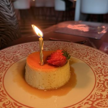 Camello - Birthday Treat  flan with caramel drizzle and strawberries - Mexican Near Me - Phoenix, Arizona