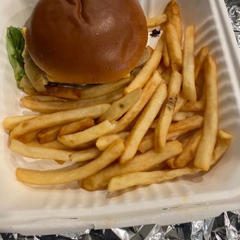 Friendly's - a hamburger and french fries in a styrofoam container - Burgers Near Me - Cinnaminson, New Jersey