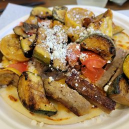 Gyro and roasted veggie pizza.