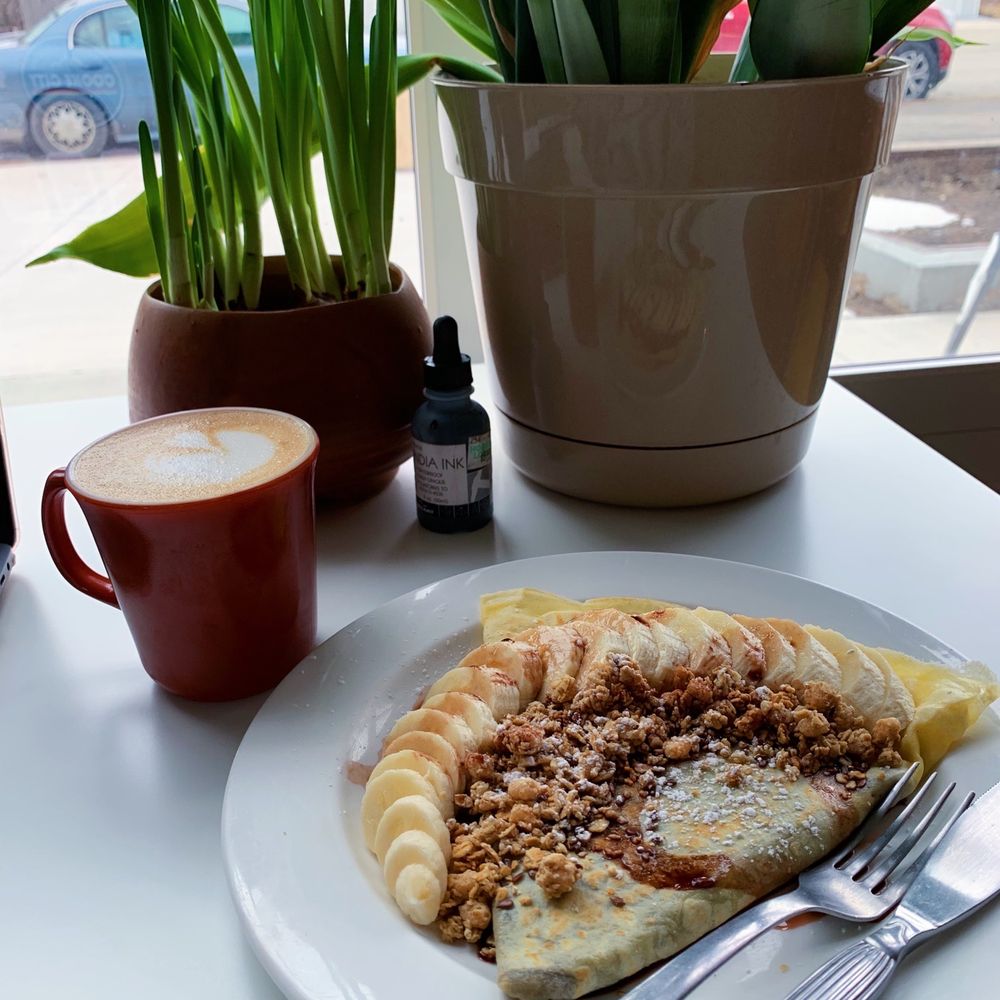 Lockwood Cafe - Banana Nutella Crepe and a vanilla latte with oat milk - Cafes Near Me - Ames, Iowa