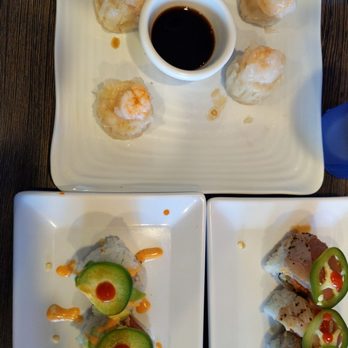 Yumi Sushi - Shrimp shumai, Yaya roll (R), and firecracker (L) - Sushi Bars Near Me - Fallbrook, California
