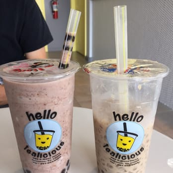 Hello Tealicious - Red bean smoothie with boba (left) & Taro milk tea with lychee poppers and boba (right) - Yummmm! - Coffee & Tea Near Me - Houston, Texas Hello Tealicious - Red bean smoothie with boba (left) & Taro milk tea with lychee poppers and boba (right) - Yummmm! - Coffee & Tea Near Me - Houston, Texas