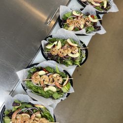LinkSide Cafe - Lightly Blackened Grilled Shrimp Skewered & layered atop a fresh Mixed Green Salad with Juicy Apple Slices and Candied Pecans