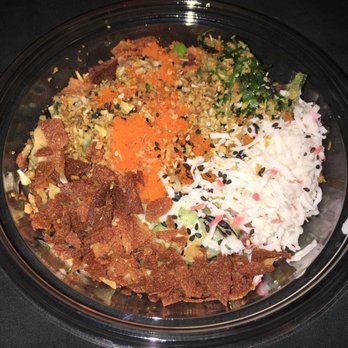 Pokeworks - my tuna and salmon, brown rice pokebowl with cucumber, cilantro, masago, seaweed salad, crab salad, onion crisps, and sesame seeds - Poke Near Me - Somerville, Massachusetts Pokeworks - my tuna and salmon, brown rice pokebowl with cucumber, cilantro, masago, seaweed salad, crab salad, onion crisps, and sesame seeds - Poke Near Me - Somerville, Massachusetts
