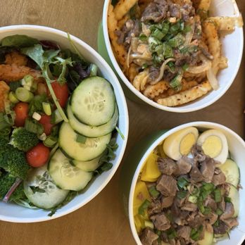AZN - Kimchi cheese fries , The bowl with the eggs is the pork Lou and the Korean spicy chicken bowl with salad mix. - Health Markets Near Me - Long Beach, California AZN - Kimchi cheese fries , The bowl with the eggs is the pork Lou and the Korean spicy chicken bowl with salad mix. - Health Markets Near Me - Long Beach, California