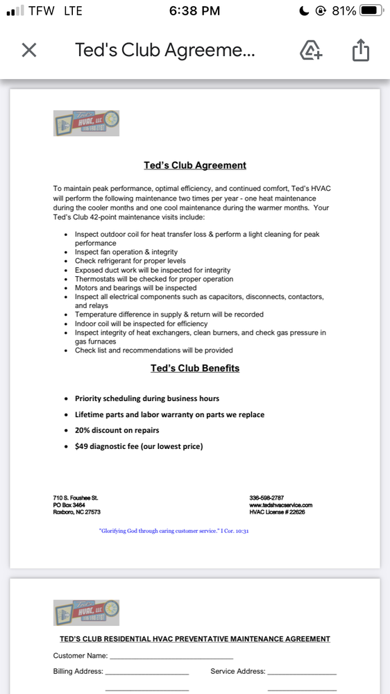 Slide of Ted's HVAC, Plumbing, & Electrical