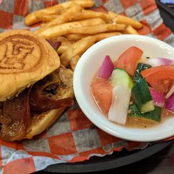 Roots Burger Bar - PB&J burger with tomato cucumber salad