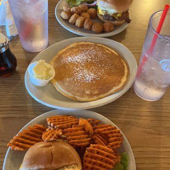 Okey Dokey Bar and Grill - Cheese burger with sweet potato fries, side pancake, & blondo burger with tweezers (cheesey tator tots) - American Near Me - Omaha, Nebraska Okey Dokey Bar and Grill - Cheese burger with sweet potato fries, side pancake, & blondo burger with tweezers (cheesey tator tots) - American Near Me - Omaha, Nebraska