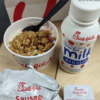 Chick-fil-A - Chicken, egg & cheese biscuit, Greek yogurt parfait w/granola, 1% milk - Fast Food Near Me - Irvine, California