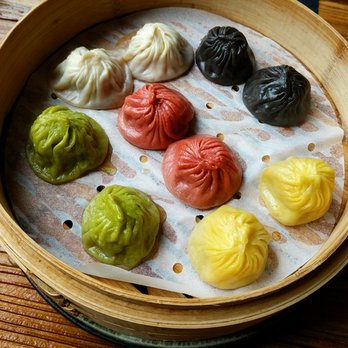 Peony Kitchen - Xiao long bao: black = seafood, yellow = cheese, green = ginseng, red = Szechuan pepper, white = regular - Chinese Near Me - Bellevue, Washington