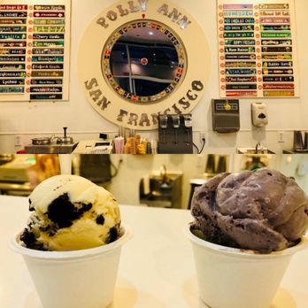 Photo of Polly Ann Ice Cream - San Francisco, CA, United States. Oreo, blueberry cheesecake, sesame. Behind the ice cream is the spinning wheel!