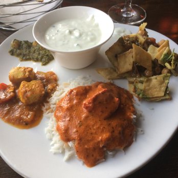 Bollywood Bistro - Lunch Time buffet: From Right to left, Chat papri, chicken tikka masala, fish curry, saag paneer, and Raita. - Indian Near Me - Fairfax, Virginia Bollywood Bistro - Lunch Time buffet: From Right to left, Chat papri, chicken tikka masala, fish curry, saag paneer, and Raita. - Indian Near Me - Fairfax, Virginia