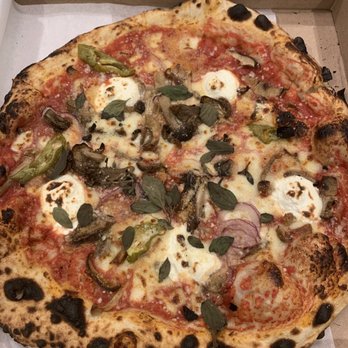 Barbuzzo - FUNGHI PIZZA: roasted mushrooms, san marzano tomato, red onion, mozzarella, pickled long hots, ricotta - Mediterranean Near Me - Philadelphia, Pennsylvania