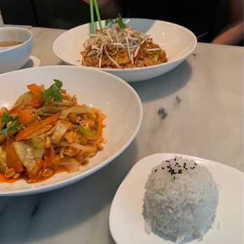 Asian Mint - Sriracha Chicken with a side of jasmine rice and the Original Pad Thai - Thai Near Me - Dallas, Texas