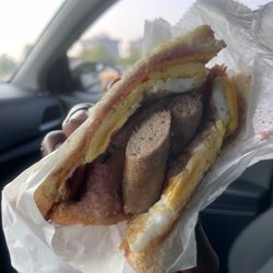 Feed Bag Carry Out - Turkey Sausage with Egg Sandwich with Jelly.